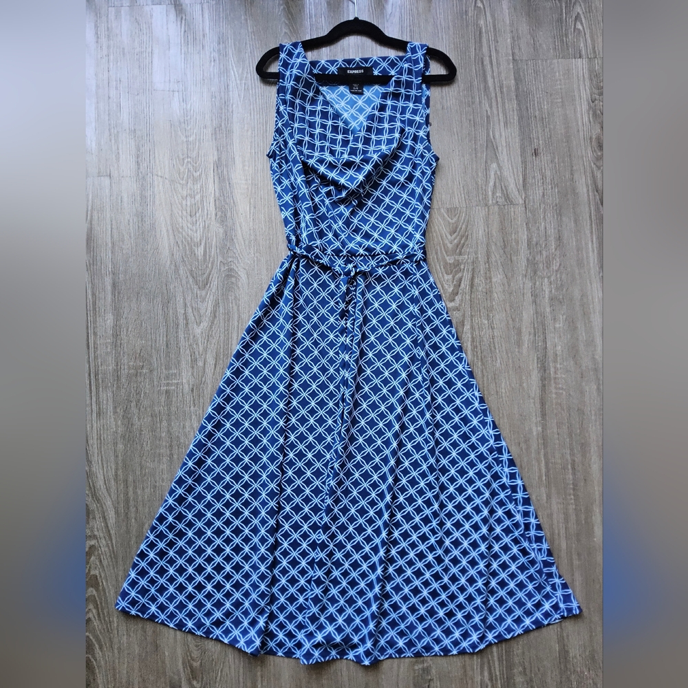 Express A-line Blue and White V-neck Midi Dress